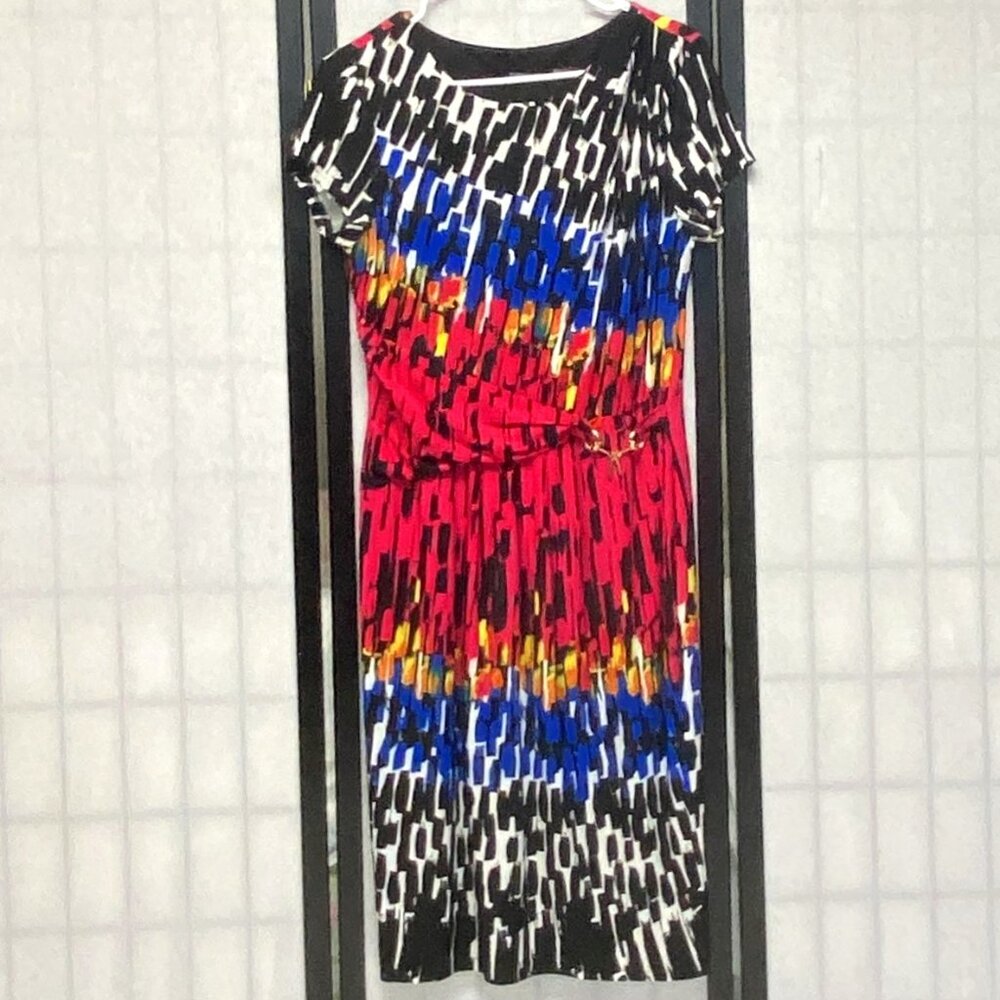 Ellen Tracy Fit Flare Midi Dress Cap Sleeve Cinched Surplus Waist Multicolor 10